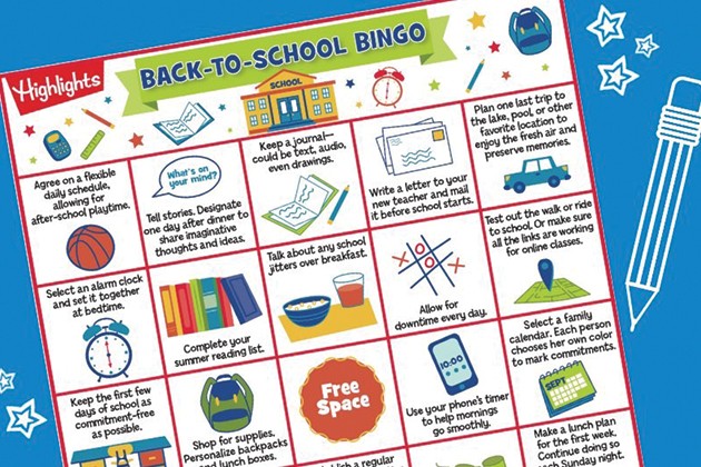 The back to school bingo game on a colorful grid.